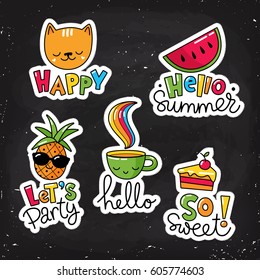 Set of vector stickers, patches with lettering and summer symbols. 