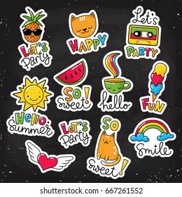 Set of vector stickers, patches with lettering, food and summer symbols. 