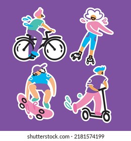 Conjunto de pegatinas vectoriales de personas, deportes activos. Skateboarder, patineta, patinaje, patinaje sobre ruedas, bicicleta. La gente urbana en el parque de patinaje. Estilo de doodle de dibujos animados con trazo blanco.