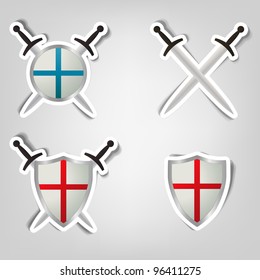 conjunto de pegatinas vectoriales con una imagen de escudos y espadas