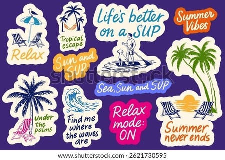 Set of vector stickers with quotes like Summer Vibes, Relax, Sun and SUP, Find me where the waves are, Relax mode: ON, and more. Includes palm trees, waves, deck chairs, SUP boards