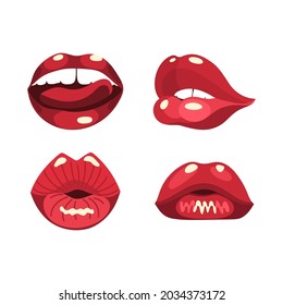 Set vector stickers red juicy sexy female lips with different emotions, smile with  tongue, kiss, an ordinary mouth, plump lips. For diaries, beauty products, make-up.