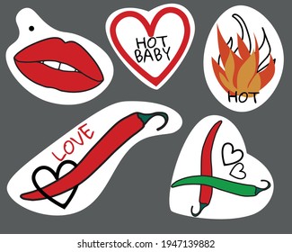 A set of vector stickers with red lips, hot chili pepper, heart, fire, with the inscription Love and hot baby. Isolated on white. EPS10