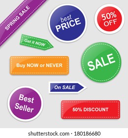 Set of vector stickers with Sale theme - green, blue, red, orange and purple