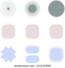 Set of vector stickers, starburst, sunburst, square badges. Abstract icons on white background. Simple flat style vintage labels, stickers.