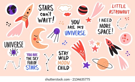 Set of vector stickers with stars, planets and spaceships for daily planners and diaries. Vector flat illustration with hand drawn doodles and handwritten trendy lettering.