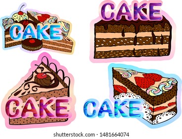 Set of vector stickers with sweets and lettering. 