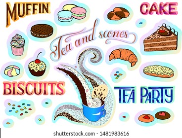 Set of vector stickers with sweets and tea party lettering.