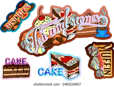 Set of vector stickers with sweets and tea party lettering.