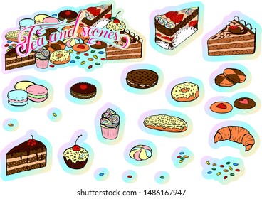 Set of vector stickers with sweets and tea party lettering. 