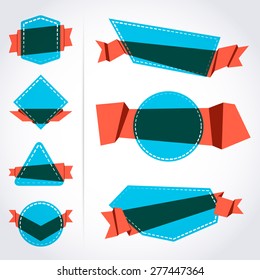Set of vector stickers, tags, banners and labels decorated origami ribbon on white background.