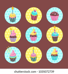 Set of vector stickers, tags.  Lovely birthday Cakes and cupcakes with candles.