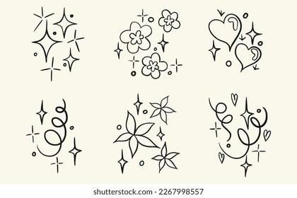 Conjunto de pegatinas vectoriales, tatuaje. El tatuaje se dibuja con una delgada línea. Tracería, estrellas hechas a mano, flores y corazones. Ilustración vectorial.