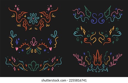 Set of vector stickers, tattoos. The tattoo is drawn with a thin line. Colorful patterns and flowers hand-drawn. Vector illustration.