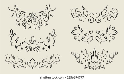 Set of vector stickers, tattoos. The tattoo is drawn with a thin line. Black patterns and flowers hand-drawn. Vector illustration.