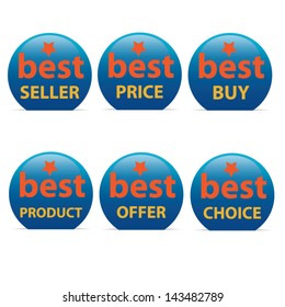 Set of vector stickers text Best seller, Best price, Best buy, best product, Best offer, Best choice on blue circle.