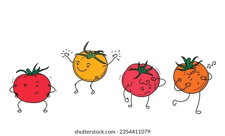 Set of vector stickers with tomatoes. The ordered stylized characters in various poses isolated from the background.