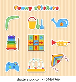 Set of vector stickers of toys. Collection of stikers of toys for children. Vector illustration in a flat style. Vector elements for web design, mobile applications, design flyers, discounts