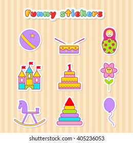 Set of vector stickers of toys. Collection sticker of toys for children. Vector illustration in a flat style. Vector elements for web design, mobile applications, design flyers, discounts, advertising