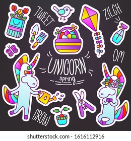 Set of vector stickers "Unicorn spring." Bouquet, tulips, shovel, rake, bird, basket with eggs, kite, sprinkler, watering can, potted plant, pruner, meditation, wreath on the head. Women's Day, Easter