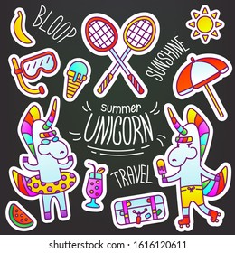 Set of vector stickers "Unicorn summer." Badminton, bathing, videos, travel, diving, ice cream, sunbathing, sun, cocktail, suitcase, watermelon, banana, beach umbrella, recreation, entertainment