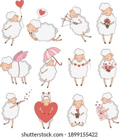 conjunto de pegatinas vectoriales para el día de San Valentín 14 de febrero con ovejas adorables