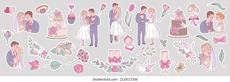 Un conjunto de etiquetas vectoriales para el día de la boda. La novia y el novio enamorados, ramos de bodas, pasteles, anillos.