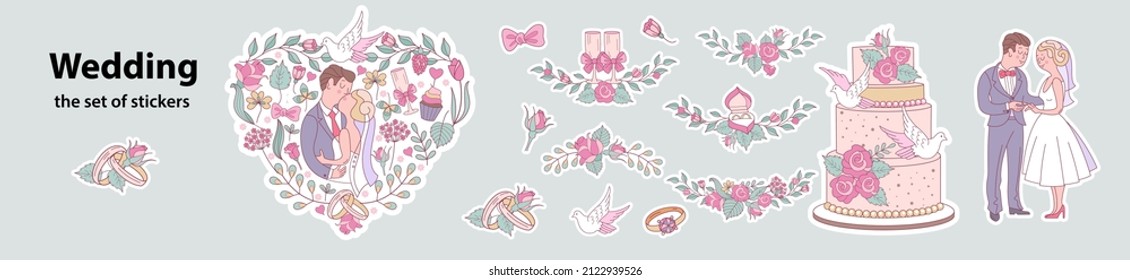 A set of vector stickers for the wedding day. The bride and groom in love, wedding bouquets, cakes, wedding accessories.