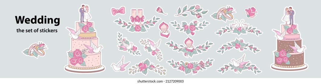 Eine Reihe von Vektoraufklebern für den Hochzeitstag. Die Braut und Bräutigam in der Liebe, Hochzeitsbrote, Kuchen, Hochzeitszubehör.