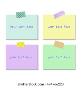 Set of vector sticky memo notes with washi tape on them. Isolated on white background. 