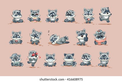 Set Vector Stock Illustration isolated Emoji character cartoon Raccoon cub sticker emoticons with different emotion for site, info graphic, video, animation, website, e-mail, newsletter, report, comic