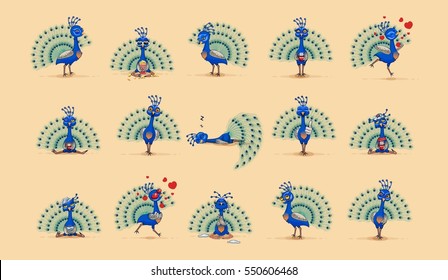 Set Vector Stock Illustration isolated Emoji character cartoon peacock stickers emoticons peafowl with different emotions for site, infographics, video, animation, websites, mail, newsletter, report