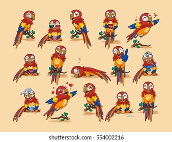 Set Vector Stock Illustration isolated Emoji character cartoon parrot stickers emoticons popinjay with different emotions for site, infographics, video, animation, websites, mail, newsletter, report