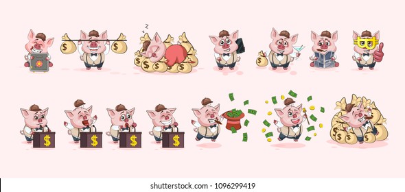 Set Vector Stock Illustrations isolated money economy business cryptocurrency Bitcoin earnings income benefit profit Emoji character cartoon pig stickers emoticons for site infographic video animation