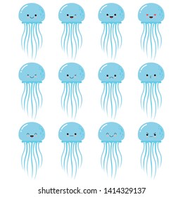 Set Vector Stock Illustrations isolated Emoji character cartoon jellyfish stickers emoticons with different emotions.