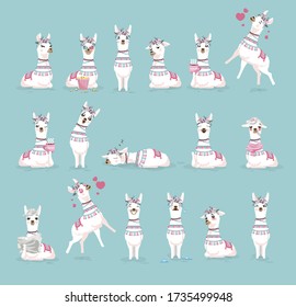Set Vector Stock Illustrations isolated emoji character cartoon llama stickers emoticons with different emotions for site, info graphics, video, animation, website, newsletter, reports, comics