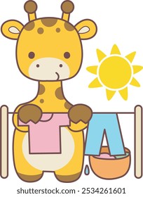 Set Vector Stock Illustrations Isolated of Baby Giraffe.
Cute giraffe animals with various activities.
Funny sticker of Giraffe animal kids.
A giraffe cleaning a clothes under the sun.