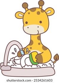 Set Vector Stock Illustrations Isolated of Baby Giraffe.
Cute giraffe animals with various activities.
Funny sticker of Giraffe animal kids.
A giraffe cleaning the plate with sponge in the sink