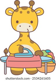 Set Vector Stock Illustrations Isolated of Baby Giraffe.
Cute giraffe animals with various activities.
Funny sticker of Giraffe animal kids.
A giraffe drying the cloths with iron