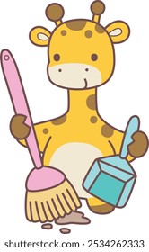 Set Vector Stock Illustrations Isolated of Baby Giraffe.
Cute giraffe animals with various activities.
Funny sticker of Giraffe animal kids.
A giraffe cleaning the floor with broom and duster