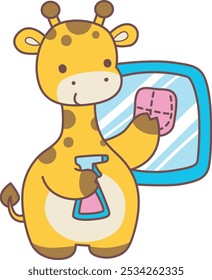 Set Vector Stock Illustrations Isolated of Baby Giraffe.
Cute giraffe animals with various activities.
Funny sticker of Giraffe animal kids.
A giraffe cleaning the window with wipe and spray