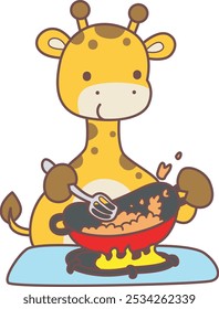 Set Vector Stock Illustrations Isolated of Baby Giraffe.
Cute giraffe animals with various activities.
Funny sticker of Giraffe animal kids.
A giraffe cooking the fried rice