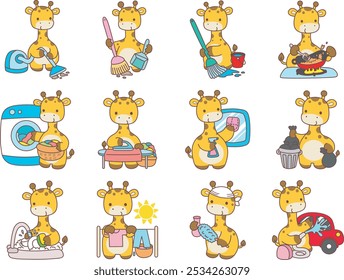 Set Vector Stock Illustrations Isolated of Baby Giraffe.
Cute giraffe animals with various activities.
Funny sticker of Giraffe animal kids.
A variation of chores with giraffe character.