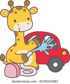 Set Vector Stock Illustrations Isolated of Baby Giraffe.
Cute giraffe animals with various activities.
Funny sticker of Giraffe animal kids.
A giraffe washing the car with water