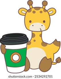 Set Vector Stock Illustrations Isolated of Baby Giraffe.
Cute giraffe animals with various activities.
Funny sticker of Giraffe animal kids.
A giraffe drinking a cup of coffee