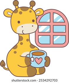 Set Vector Stock Illustrations Isolated of Baby Giraffe.
Cute giraffe animals with various activities.
Funny sticker of Giraffe animal kids.
A giraffe drinking a hot tea