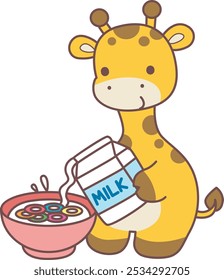 Set Vector Stock Illustrations Isolated of Baby Giraffe.
Cute giraffe animals with various activities.
Funny sticker of Giraffe animal kids.
A giraffe want to breakfast with cereal