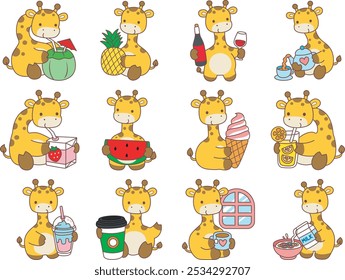 Set Vector Stock Illustrations Isolated of Baby Giraffe.
Cute giraffe animals with various activities.
Funny sticker of Giraffe animal kids.
Variation drink and fruit of giraffe