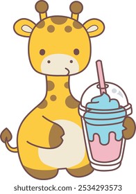 Set Vector Stock Illustrations Isolated of Baby Giraffe.
Cute giraffe animals with various activities.
Funny sticker of Giraffe animal kids.
A baby giraffe drinking a milkshake