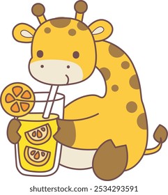 Set Vector Stock Illustrations Isolated of Baby Giraffe.
Cute giraffe animals with various activities.
Funny sticker of Giraffe animal kids.
A giraffe drinking an orange juice